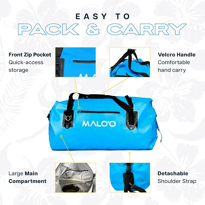 Malo’o Waterproof Dry Duffel, Heavy-Duty Roll Top Waterproof Gear Bag with Shoulder Strap & Molle Loops, Marine Duffel for Kayaking, Boating, Camping, Beach & Travel, Blue, 40L