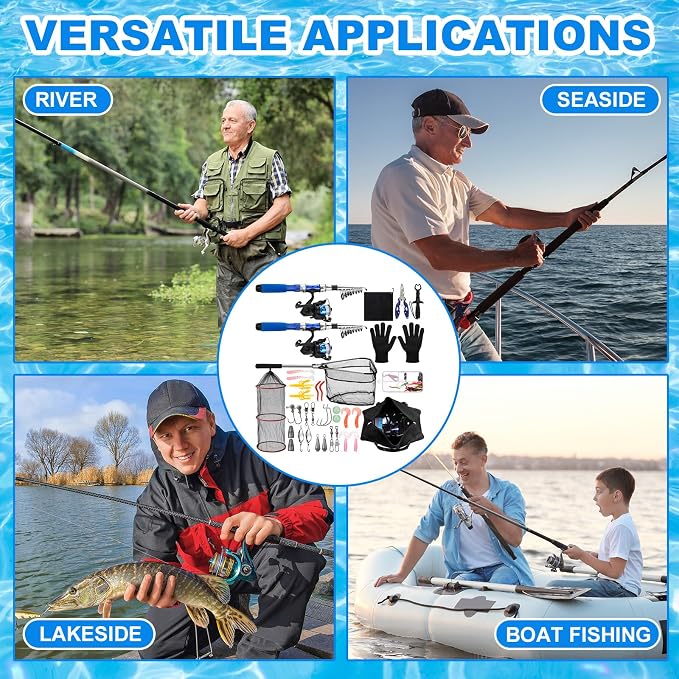 51 Pcs Fishing Rods Combo 6.89ft Telescopic Freshwater Pole Set with Plier Lip Gripper Lures Carrier Bag Pre Loaded Spinning Reel with Freshwater Rod Reel Kit Father Men Gift