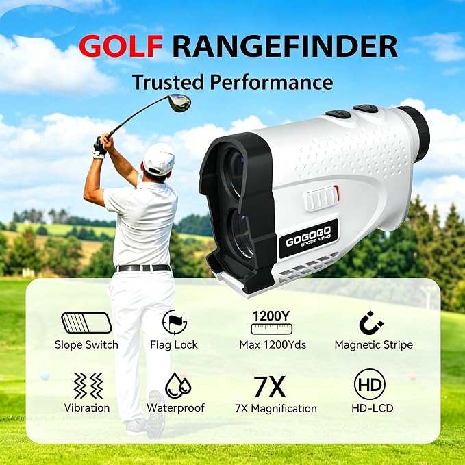 Gogogo Sport Vpro GS24 Golf & Hunting Laser Rangefinder, 7X Magnification, 1200 Yard Distance Measuring Range Finder with High-Precision Flag Pole Locking Vibration Function Slope Mode Continuous Scan