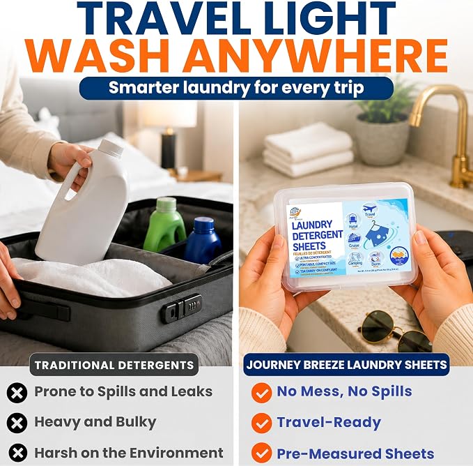 Travel Laundry Detergent Sheets Kit – 2-Size Travel Detergent Sheets + Lightweight Clothesline, Universal Sink Stopper & Foldable Laundry Bag Great for Hotels, Cruises, Camping & Trips