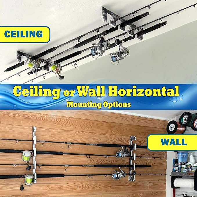 Rush Creek Creations Reel Salty Marine-Grade 4-Rod Fishing Rod Holder, Wall/Ceiling Mount Waterproof & UV-Resistant Saltwater-Safe Fishing Pole Organizer for Garage or Home Storage