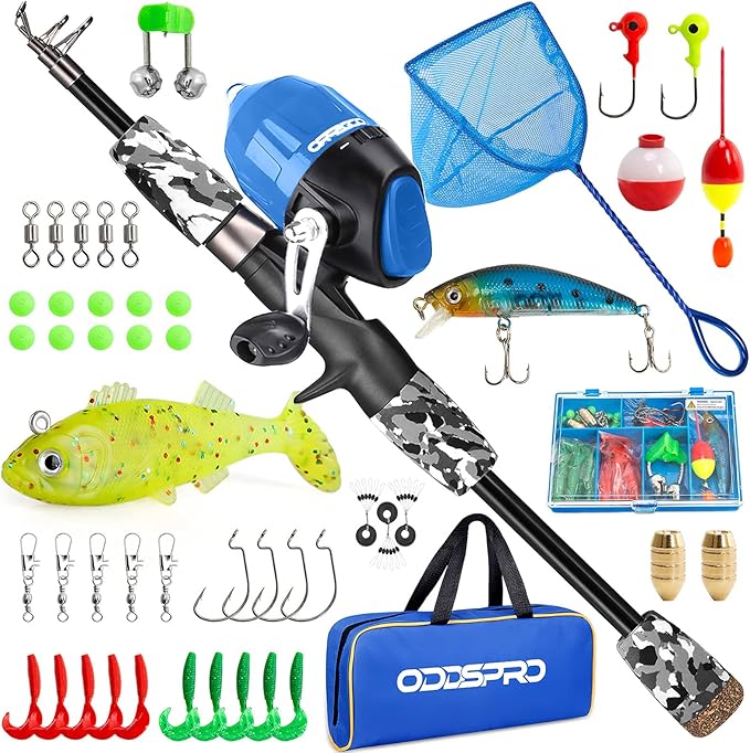 ODDSPRO Kids Fishing Pole - Portable Telescopic Kids Fishing Rod and Reel Combo Kit - with Spincast Fishing Reel Tackle Box for Girls, Youth