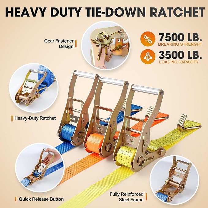 4Pack Ratchet Straps Heavy Duty-2 Inch x 20 Feet(7,500lb Break Strength), Tie-Down Ratcheting with J-Hook Cargo Straps Tiedown Ratchet for Moving and Transports with Trailers, Pickup, Flatbed Trucks
