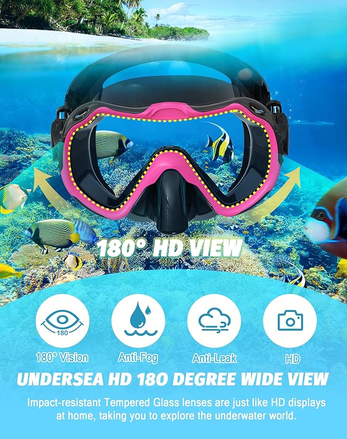 Snorkeling Gear for Adults, Snorkel Mask Set 180° Panoramic View Snorkel Gear, 100% Food-Grade Silicone Anti-Fog Anti-Leak Dry Top Diving Mask for Snorkeling Swimming Scuba Diving