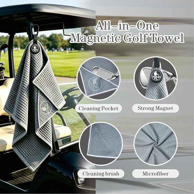 Hiker 20" x 20" Large Magnetic Golf Towel, Ultra Absorbent Microfiber Golf Towels for Golf Bags Cart Accessories with Waffle Pattern, Golf Ball Cleaner Cleaning Pocket, Brush Material
