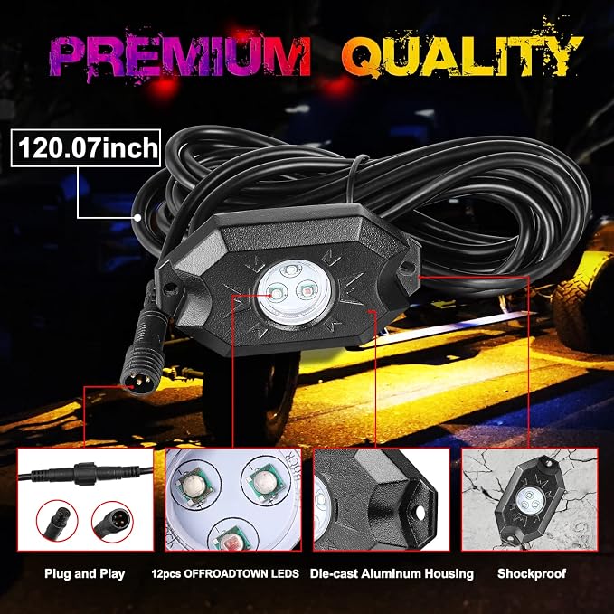 OFFROADTOWN 12 pods LED Rock Lights RGB Multicolor Neon Trail Rig Lights Underglow Wheel Well Light with Bluetooth App Control for Truck Pickup Tundra Dodge GMC UTV ATV