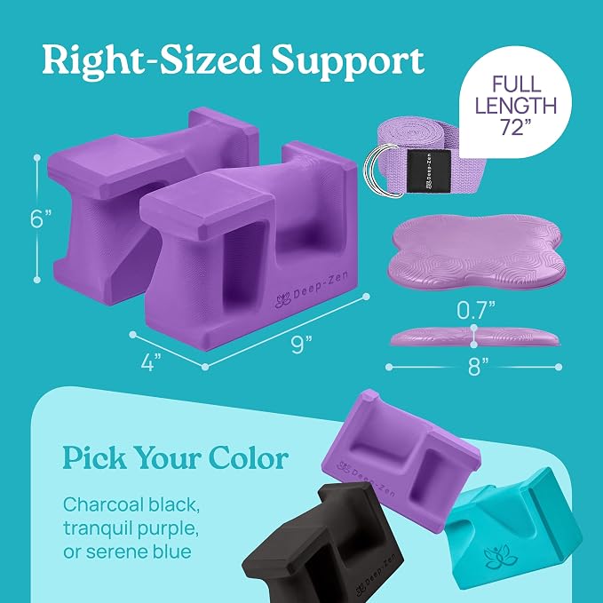 PRO Yoga Blocks | Ergonomic Yoga Block 2 Pack for Wrist Comfort and Support | EVA Foam Exercise Blocks, 2x Knee Pads & Yoga Strap | Pilates Block Set | Bricks to Eliminate Wrist Pain