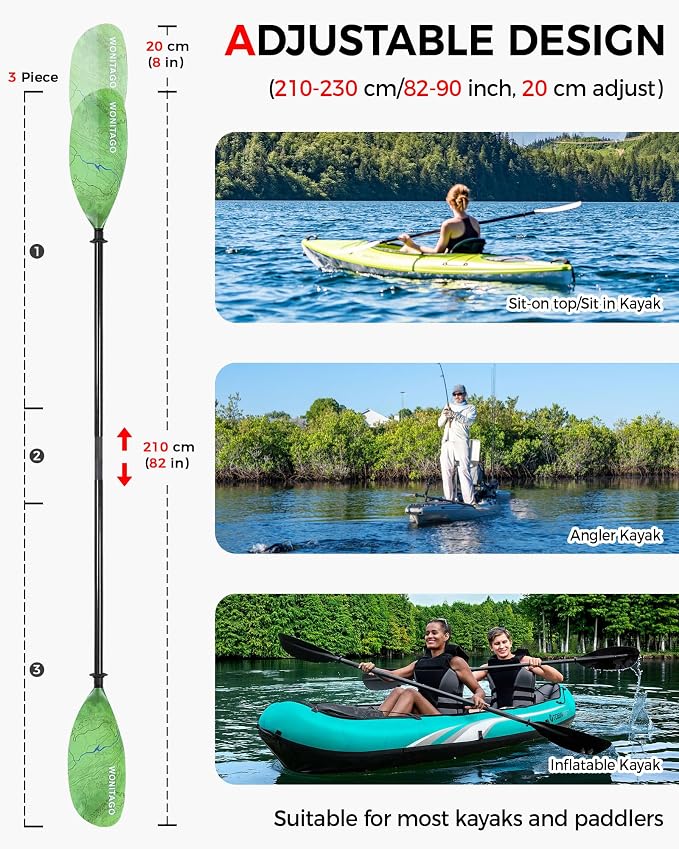 Kayak Paddle Carbon Fiber Shaft and Reinforced Nylon Blade, Adjustable Kayaking Oars, 3 Piece, 230-250 cm/90-98 Inches,210-230 cm/82-90 inches