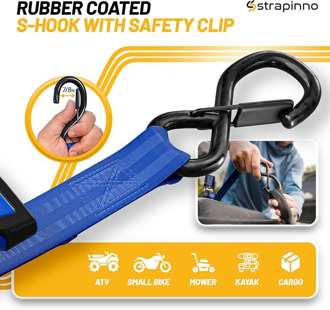 Strapinno Retractable Ratchet Straps (4-Pack), 1 in x 10 ft, 1,500LBS Break Strength, Most Durable Straps and Core, Auto Self Retracting Tie Downs for Truck, Moving, Motorcycle, Bike, Jetski, Kayak