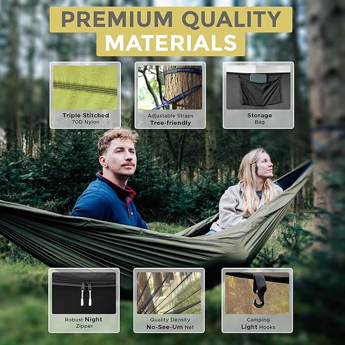 Miztli Camping Hammock with Net & Rain Fly All-in-1 - Double & Single Portable Hammock Ripstop Nylon, Complete Kit w/Adjustable Tree Straps for Backpacking, Outdoor, Travel