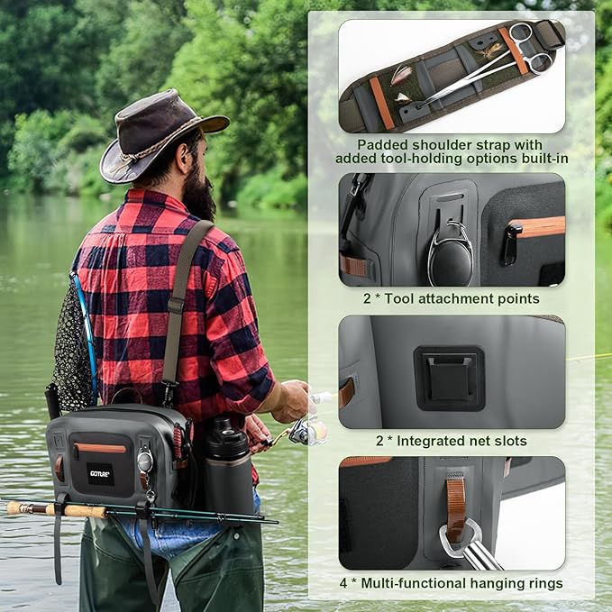 Goture Waterproof Fishing Waist Pack,IPX8 840D TPU Large Tackle Bag with Rod Holder,Airtight Zipper Closure,Detachable Water Bottle Holder, 10L Fly Fishing Bag with Adjustable Strap,Sling Fanny Pack