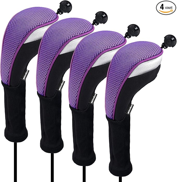 Andux 4pcs Long Neck Golf Hybrid Club Head Covers Dial No. Tag CTMT-02 | Mesh Breathable material | all the Same Size | Coloured Piping | Pull-On Closure