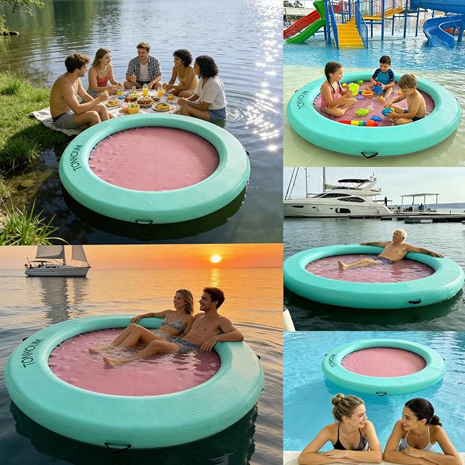 Water Hammock Inflatable Dock, 3.8ft/6ft/8ft Floating Raft Circular Water Island, Float Rings Air Mesh Platform for Lake/River/Swim Pool