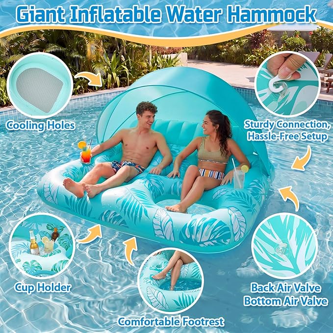 Chumia Pool Floats with Canopy for Adult, UPF50+ 1-2-3 Person Inflatable Floats with Sun Shade Backrest Footrest and Cup Holder Heavy Duty for Pool Lake River Beach Ocean Summer Party Supply