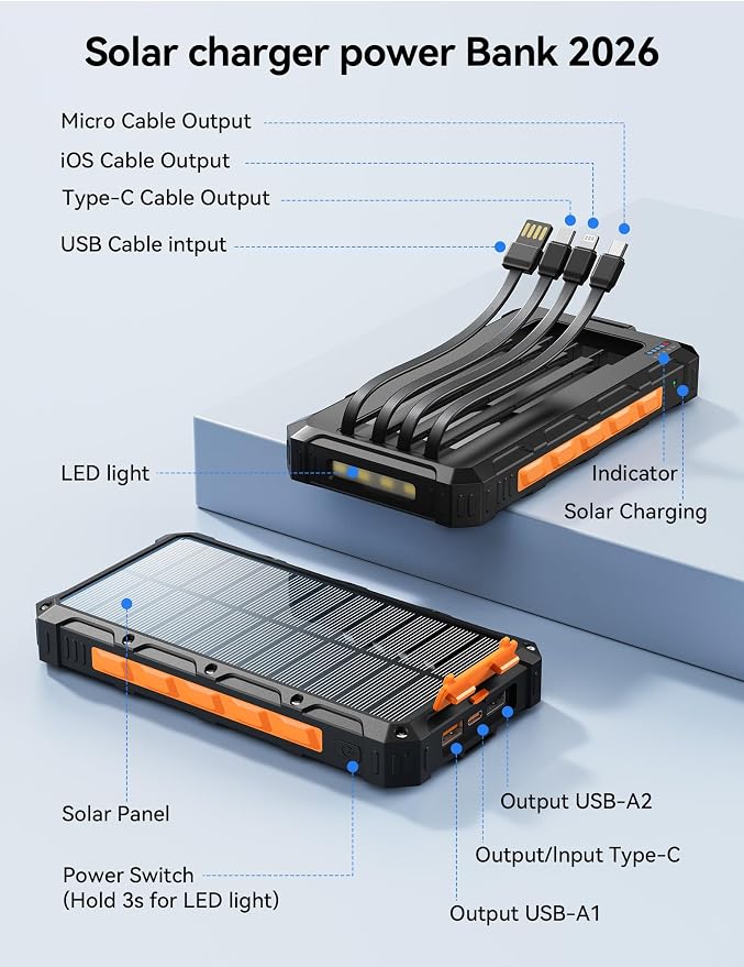 Solar-Charger-Power-Bank - 20000mah Solar Powered Battery Charger Cell Phone,20W Fast Charging Built in Cables,Camping Essentials Portable External Battery Pack Compatible with Multiple Devices