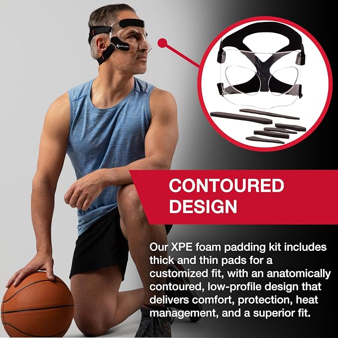 MUELLER Sports Medicine Face Mask for Men & Women, Adjustable Clear Face Guard, Nose & Cheek Protection for Basketball & Cosmetic Procedures, Shatterproof with Foam Padding, One Size