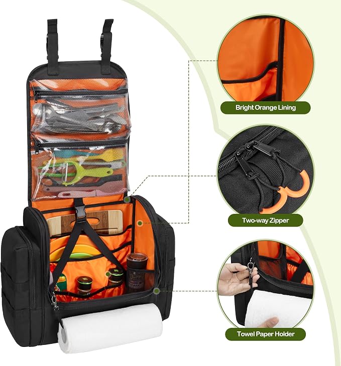 HODRANT Large Tactical Camping Kitchen Organizer, Hanging Cookware Storage Bag with Paper Towel Holder & Multi Pockets, Portable Camp Utensil Organizer for BBQ Cooking Essentials, Black, Bag Only