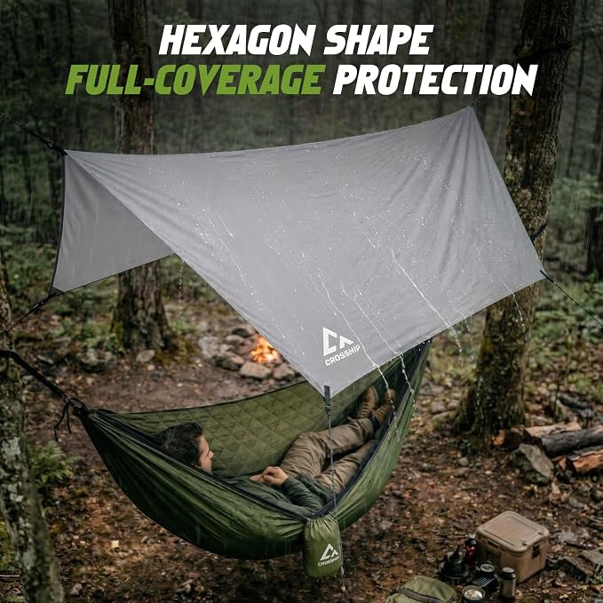 Hammock Rain Fly Tarp – 3000 mm Waterproof Camping Tarp Cover, Easy Set Up with Tent Stakes & Carry Bag, 11ft x 9ft - Ultralight Hammock & Tent Accessory