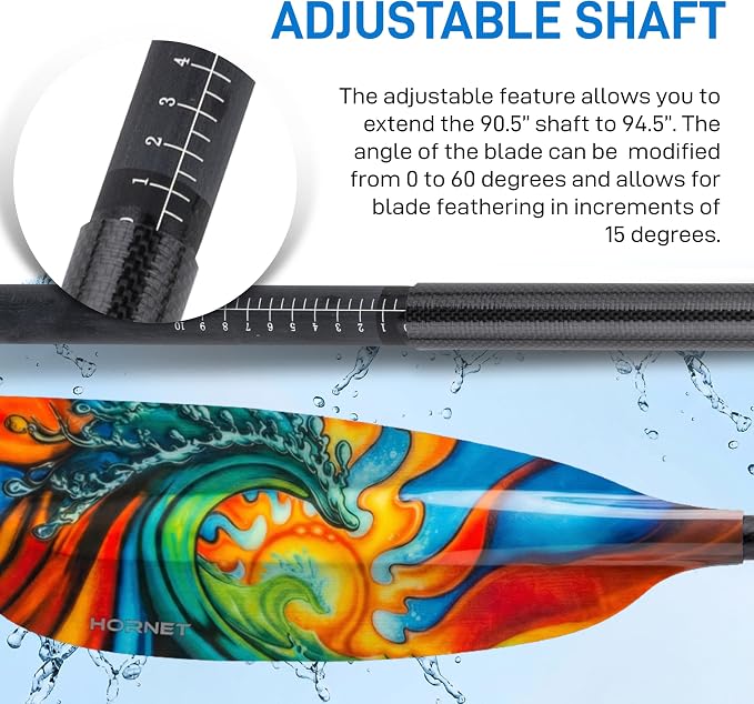 Hornet Watersports Fiberglass Kayak Paddle for Adults- Ideal for Touring, Fishing and Boating- 90.5 inches / 230CM Adjustable with Carbon Fiber Shaft- Kayak Oars Kayaking Equipment