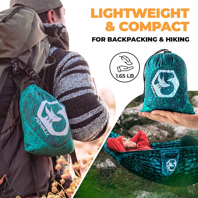 Foxelli Camping Hammock – Ultralight Hammock for Backpacking, Hiking, Festivals, Travel - Easy Setup with Tree-Friendly Ropes & Steel Carabiners, Heavy Duty Parachute Nylon