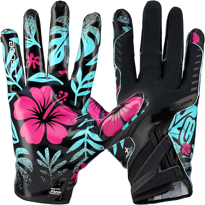 Grip Boost Football Gloves - Solid Stealth 6.0 Boost Plus Sticky Technology - Adult and Youth Football Gloves for Wide Receiver - Men's and Boys Sizes
