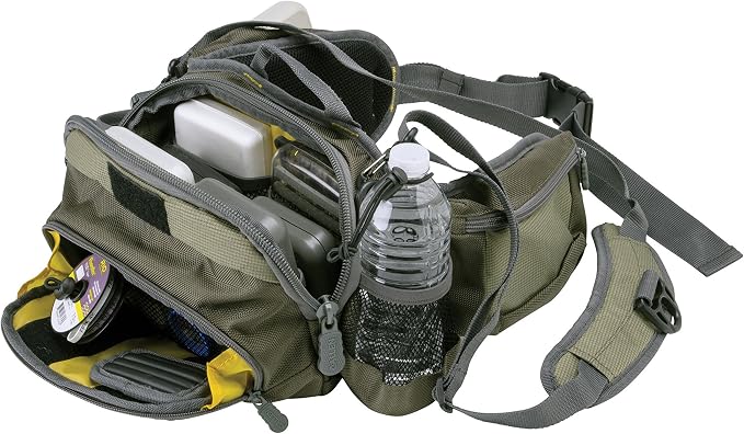 Allen Company Eagle River Lumbar Fly Fishing Pack - Holds 6 Fly Boxes, Zip‑Down Workstation, Waist Bottle Pockets, Durable Outdoor Waist Pack - Gray/Lime and Olive Green