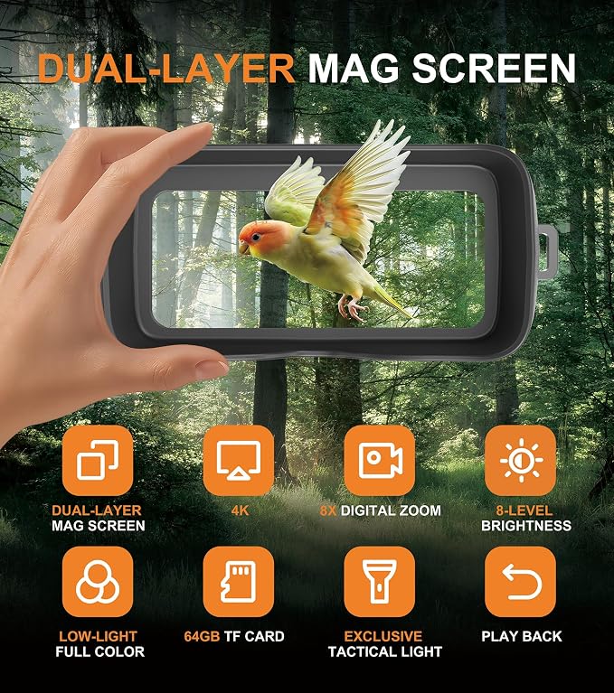4K Night Vision Binoculars for Adults: 3’’HD Screen, 56MP Night Photos, 8X Zoom, 3 IR Modes, 5000mAh Battery, 64GB Card Included, Night Vision Goggles for Wildlife Observation & Surveillance