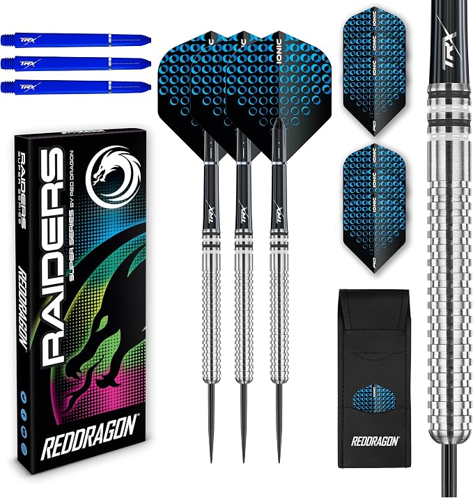 RED DRAGON Raider Series Steel Tip Darts Set - 90% Tungsten Professional Darts with Flights & Shafts - Precision Control & Stable Flight