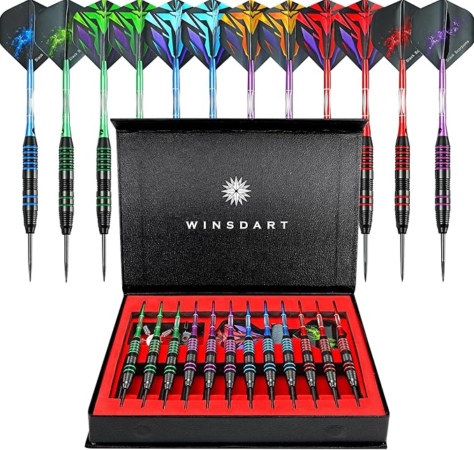 WINSDART Steel Tip Darts 12 Pack Set with Nonslip Iron Barrel Aluminum Dart Shafts and Flights Darts Sharpener an Gift Box