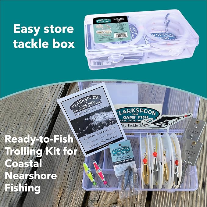 Clarkspoon | Ready to Fish Trolling Kit - Fishing Equipment for Coastal Waters- Great for Spanish Mackerel, Bluefish, Bonito, Tuna, & More - Fishing Kit with Lures, Trolling Sinkers & Planers