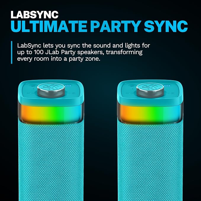 JLab, JBuds Party, Portable Bluetooth Speaker, Waterproof Outdoor Speaker, RGB Lighting, Multi-Speaker Connect, Cyan