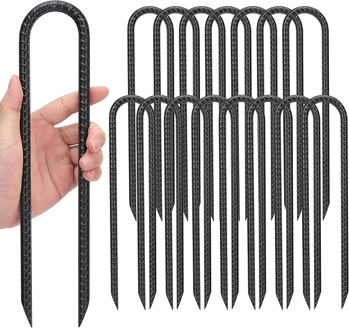 Kingsyard 16 Pack Trampolines Wind Stakes-12 Inch Long, 0.4 Inch Diameter Galvanized Steel U Hook Rebar Stakes, Multi-Purpose Heavy Duty Ground Anchors for Tent, Fences, Swing, Landscape, Black