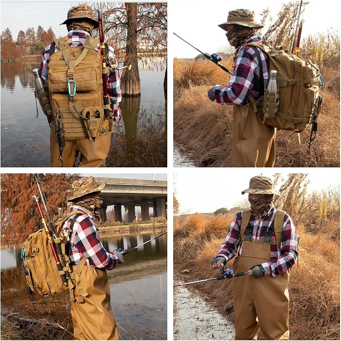 TBNBO 45l Large Fishing Tackle Backpack with Removable Plier Holder & Rod Holders, Khaki Tactical Bag, Fishing Gear and Tackle Box Organizer, Hiking Rucksack without Tackle Box