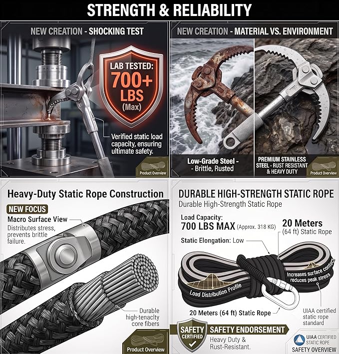 Grappling Hooks - Survival Claw Multifunctional Stainless Steel Large Hook with 20M(64ft) Static Rock Nylon Rope, Grappling Hook with Rope, Tree Climbing Gear Anchoring Fishing Rescue Vehicle Towing