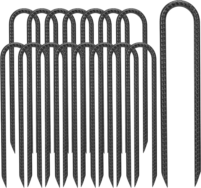 Kingsyard 16 Pack Trampolines Wind Stakes-12 Inch Long, 0.4 Inch Diameter Galvanized Steel U Hook Rebar Stakes, Multi-Purpose Heavy Duty Ground Anchors for Tent, Fences, Swing, Landscape, Black