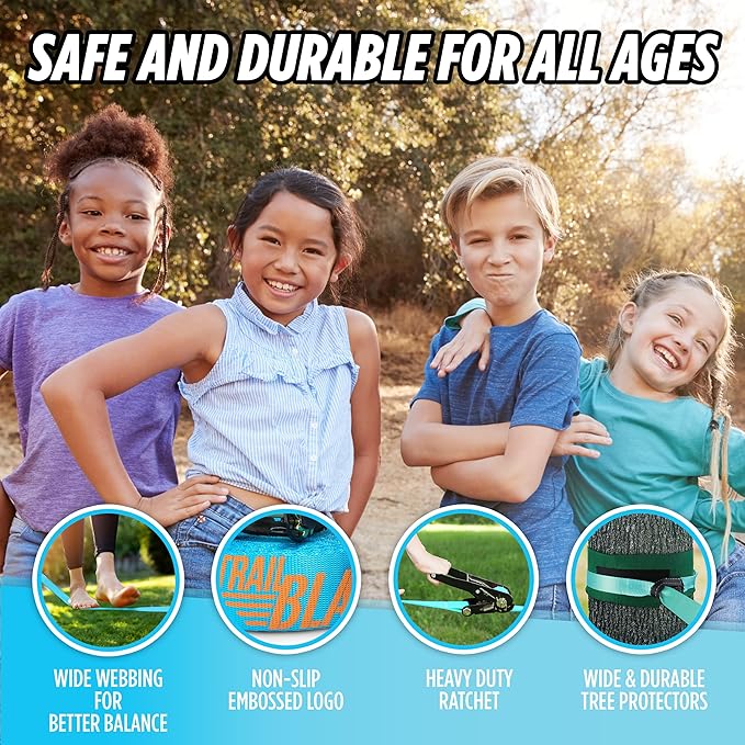 Complete Ninja Slackline Kit - 60ft Slack Line for Backyard for Kids & Adults - Wider Tree Protectors Slackline Kit for Ninja Warrior Obstacle Course for Kids Outdoor Playset (Essential Kit - Blue)