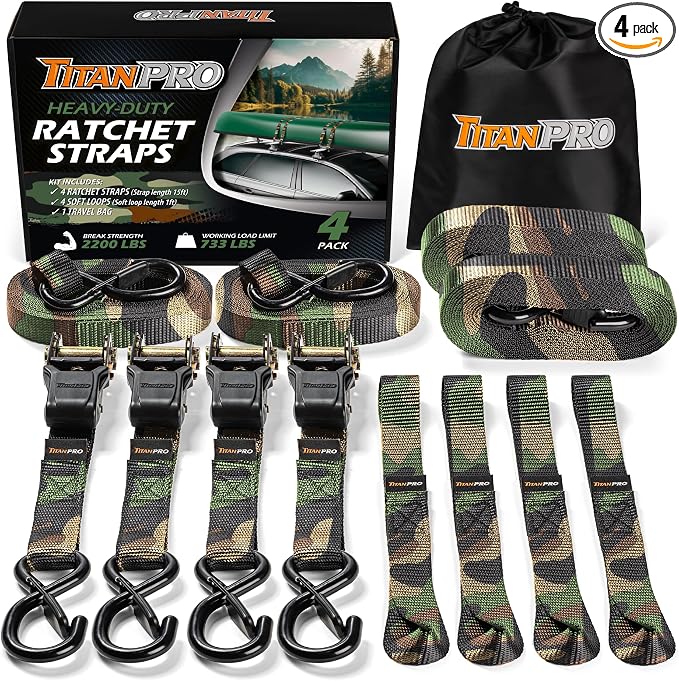 TitanPro Heavy Duty Ratchet Straps 4-Pack - 2,200lb Break Strength, 1" x 15' Rachet Tie Downs with Padded Handles - Heavy Duty, Truck, Motorcycle, Moving Straps (Camo)