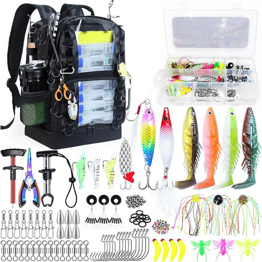 Fishing Backpack with Tackle Boxes,45L Large Tackle Bag with Cooler & Fishing Gear Kit,Waterproof Tackle Backpack for Gift with Fishing Lures, Fishing Pliers,Camouflage