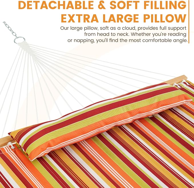 Lazy Daze Hammocks 12 FT Quilted Fabric Double Hammock with Spreader Bars and Detachable Pillow, 450lbs Weight Capacity, Vivid Stripe