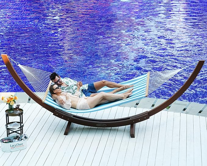 Lazy Daze Hammocks Quick Dry Hammock with Spreader Bar Textliene Fabric Double 2 Person Hammock with Chains Outdoor Patio Poolside Backyard Beach 450 lbs Capacity, Blue White Stripes