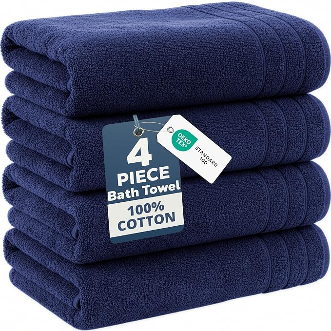 Casa Platino 100% Cotton 4 Pack Bath Towels (30"x60") - Ring Spun Mercerized Cotton Towels Set for Bathroom - Quick Dry, Soft & Absorbent Large Bath Towel Set - Dorm Essentials for Boys - Navy Blue