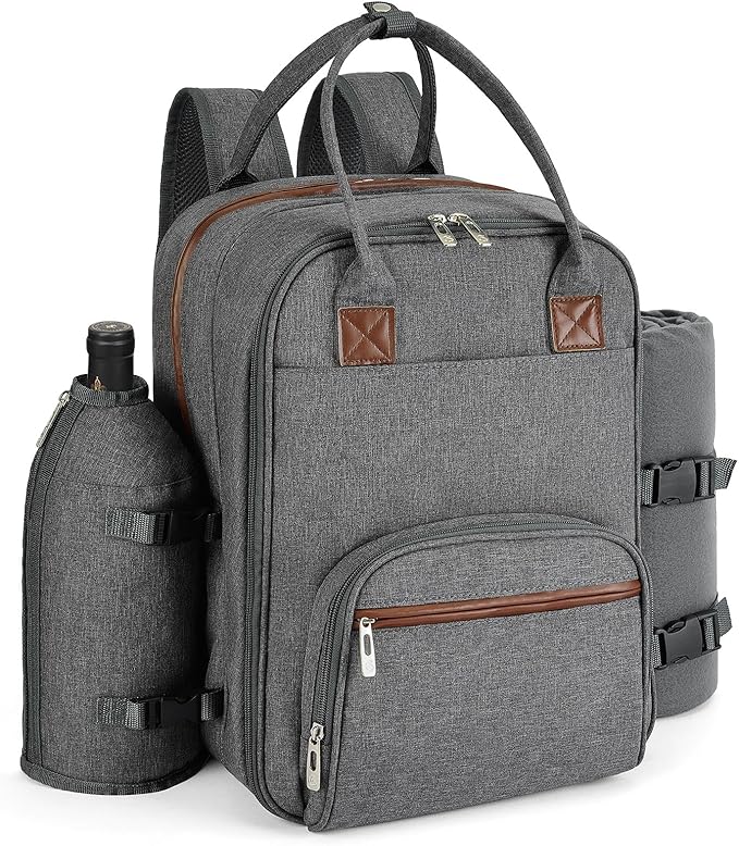 ALLCAMP Picnic Backpack, 2-Person Set with Blanket and Wine Holder, Gray | Insulated compartment, padded straps, Oxford fabric, couple gifts, family, camping, beach, climbing, parks, hands-free