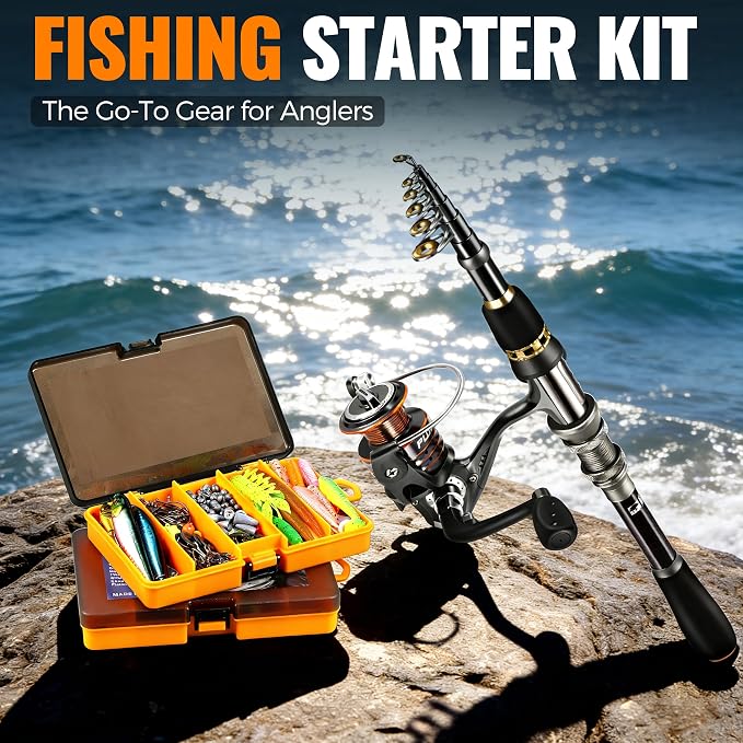 PLUSINNO Fishing Rod and Reel Combo Pole Gear Kit Telescopic Beginner | Portable All-in-One Fishing Equipment, with Freshwater Bass Trout Lures Kit Floating Net, with Carrying Case, Gifts for Men