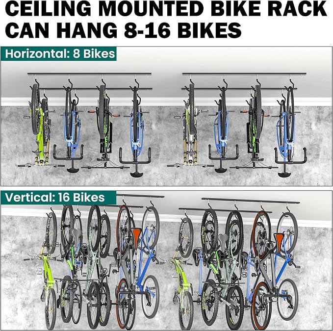 EVERHANGER Ceiling Bike Storage Racks for Garage, Indoor Bike Storage Hanger with Adjustable Bike Hooks for 8 to 16 Bikes