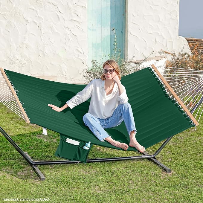 GAFETE Hammock 2 Person Quilted Fabric Hammocks for Outside, Double 12ft Hammocks with Spreader Bar, Large Removable Pillow, Storage Bag, Carabiners, Max 475 lbs Capacity (Night Green)