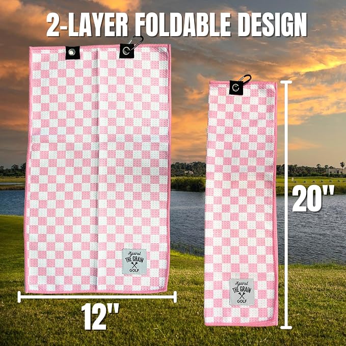 Against The Grain Microfiber Pink Golf Towel for Golf Bags Women with Clip - (12"x20") Blue & White Checkered Design Golf Club Towel, Womens Golf Towel, Golf Gifts for Women, Pink Golf Accessories
