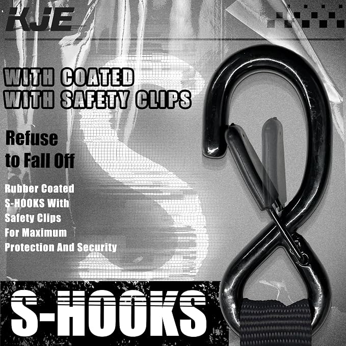 KJE Retractable Ratchet Straps, (4) 1" x 10' Tie Down Strap + (4) Soft Loop - Heavy Duty 1,650lb Max Break Strength, S-Hook with Clip, Self Retracting Ratchet Strap for Motorcycle, Kayak, ATVs, Boats