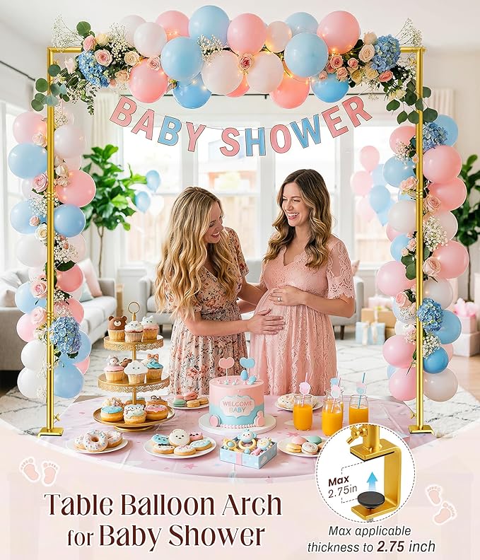 MEILIDY Over The Table Rod Stand with Clamps, Adjustable 33.5"-106" Length 36.6"-48" Height, Table Balloon Arch Backdrop Stand for Party Wedding Birthday Anniversary, Gold