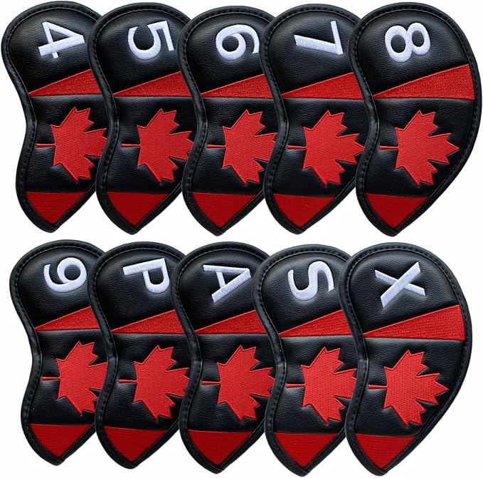 Canadian Flag Golf Iron Head Covers Headcovers Set Black Synthetic Leather Golf Iron Covers for Golf Clubs | 10Pack #4-9 Iron Covers, Aw, Sw, Pw, Xw Wedge Covers