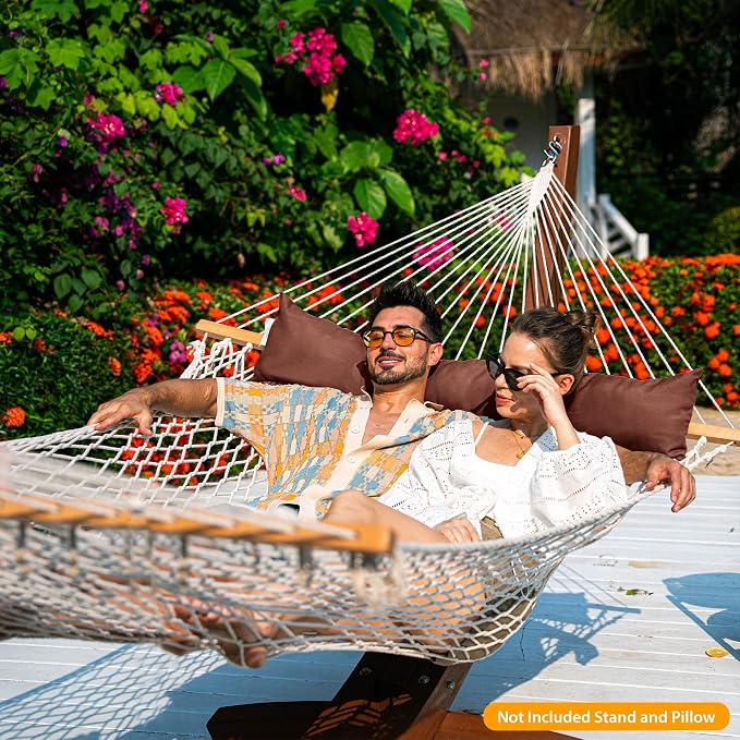 Lazy Daze Hammocks 12FT Double Rope Hammocks, 2 Person Hand Woven Cotton Hammock with Pillow and Spreader Bar for Outside, Patio, Poolside, FIT 13-15 Ft Stand, Max 450 Lbs, Natural, 141 x 57 inches